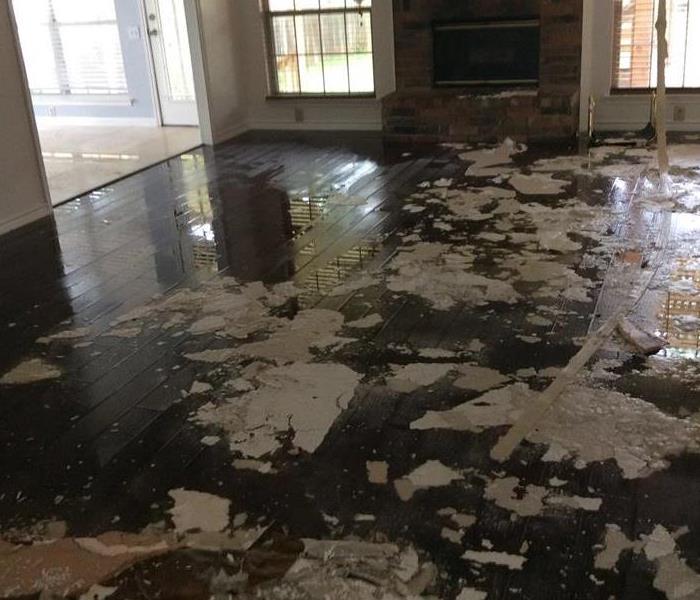 water on hardwood floor in a living room